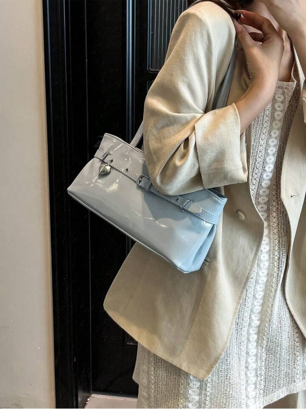 Stylish Patent Shoulder Bag in Light Blue - Women's Bag